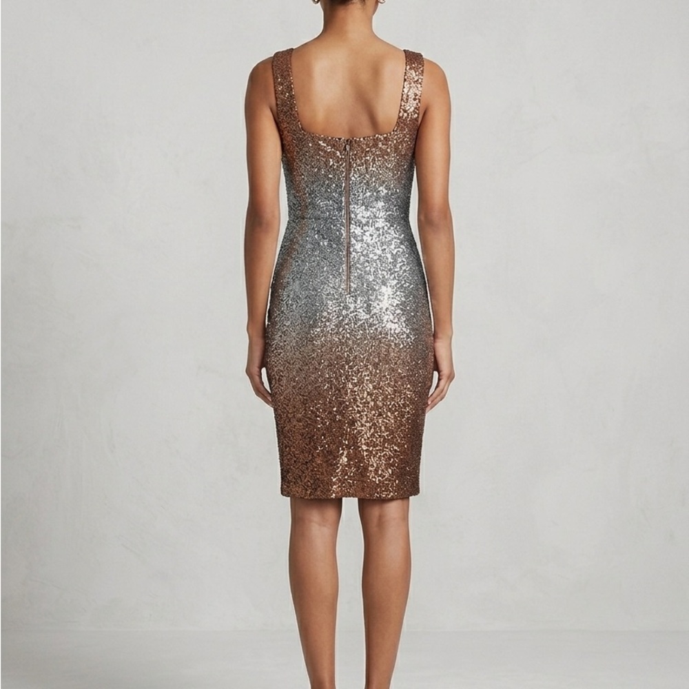 Guess Sleeveless Sequin Ombre Midi Dress in Silver and Bronze - Picture 2 of 8